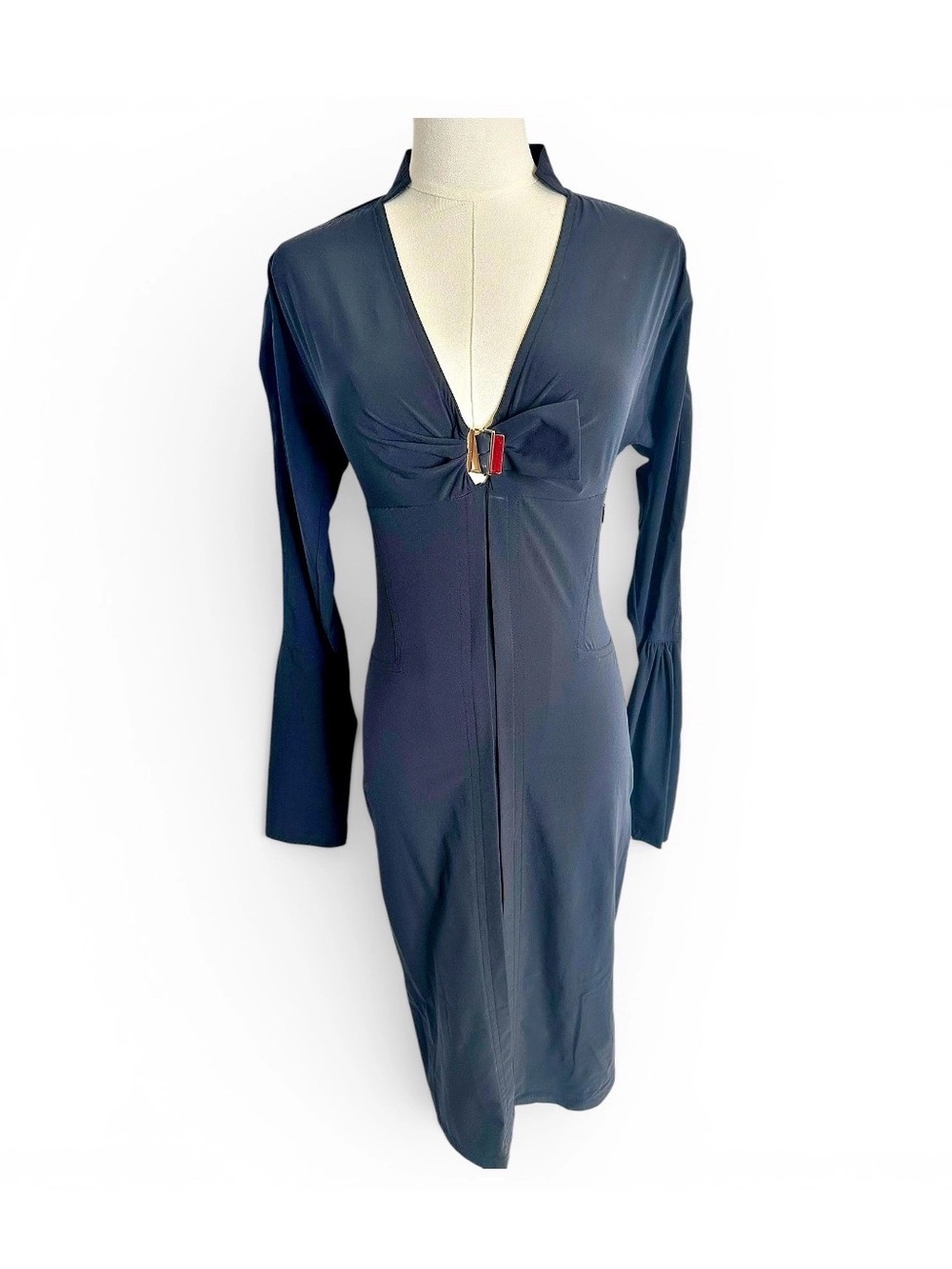 Gucci Black Buckle Front Long Sleeve Midi Dress Size 38 Made in Italy